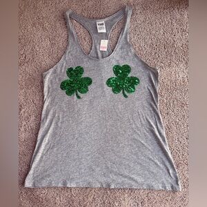 NWT PINK Victoria's Secret Gray TankTop w/ Green Sequin Shamrocks
